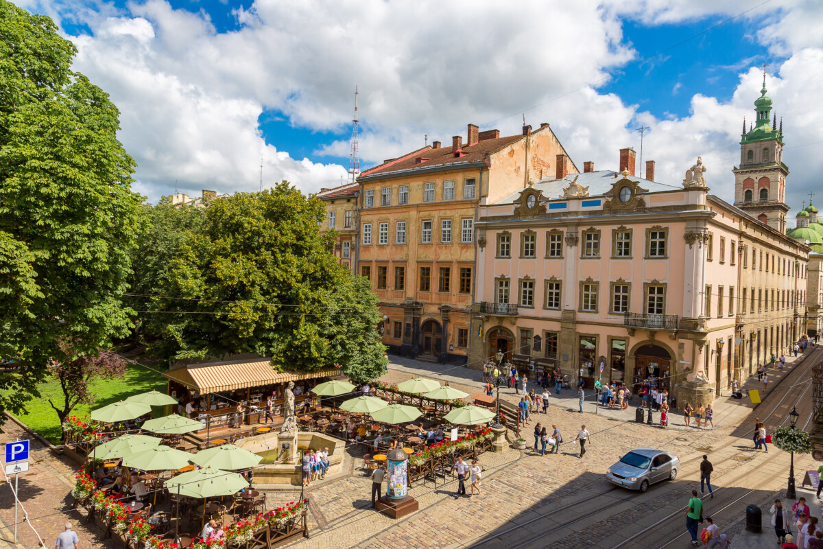 Market square - historical and tourist centre of Lvov, Ukraine in a summer day