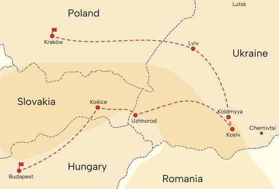 map - Powerful journey through Hungary, Slovakia, Ukraine, and Poland
